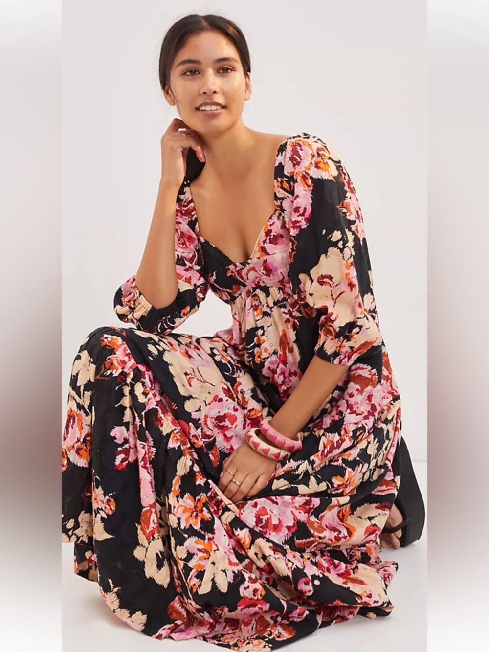 Anthropologie Black Maxi Dress with Pink & Peach Floral Print